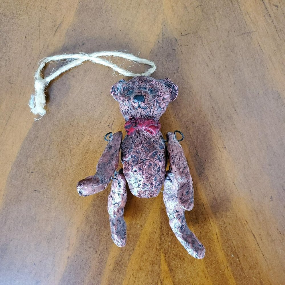 Vintage Ceramic Bear Shelf Sitter Ornament, Brown Bear, Red Bow Tie, Miniature